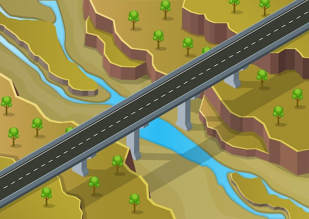 Isometric highway passing through valley and mountain