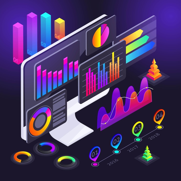 Vector isometric holographic diagrams graphs finance analysis on the smartphone screen bright illustration