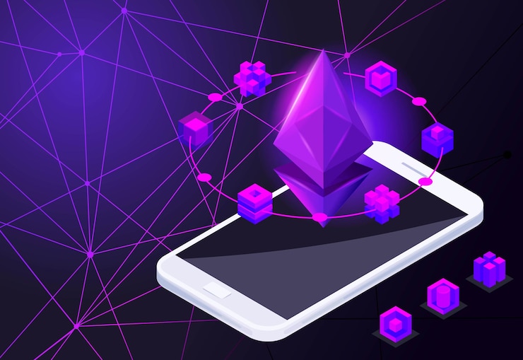 Vector isometric holographic geometric icon blockchain cryptocurrency network