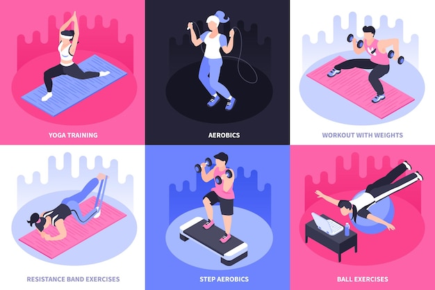 Vector isometric home fitness illustration concept with six square compositions of text captions and people doing exercises