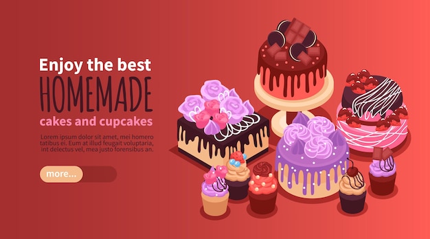 Vector isometric horizontal banner with delicious homemade cakes and cupcakes 3d