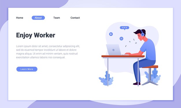 Изометрический горизонтальный веб-баннер со счастливым работником, слушающим музыку перед компьютером, 3d vect