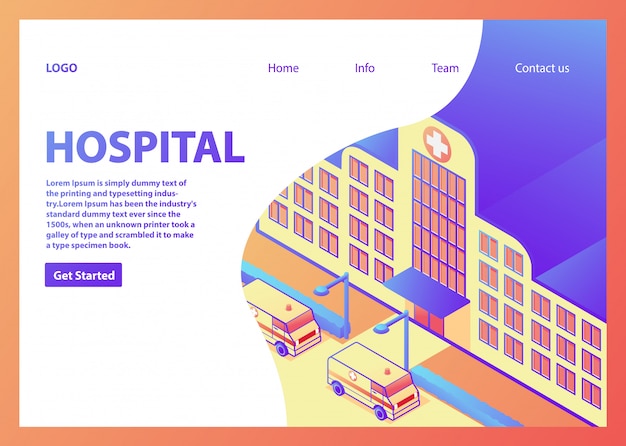 Isometric hospital building.city ambulance medical care.landing page template. medical concept.