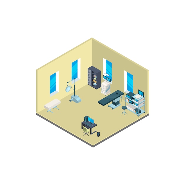  isometric hospital interior with furniture and medical equipment illustration