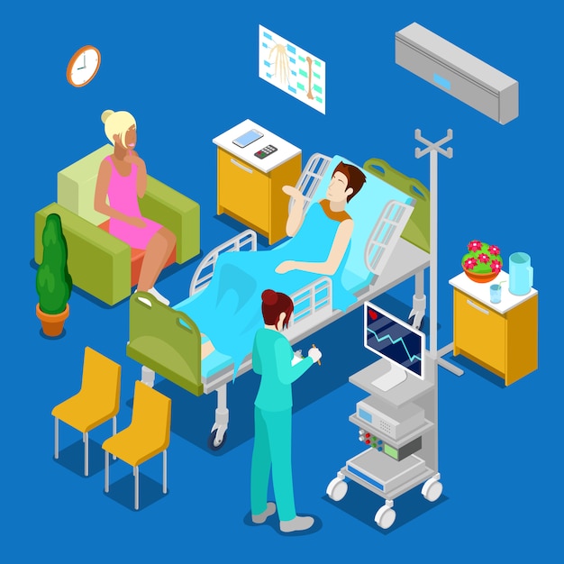 Isometric hospital room with patient and nurse.