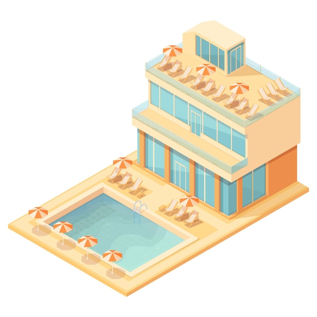 Isometric hotel building with swimming pool sun loungers and umbrellas, vector illustration