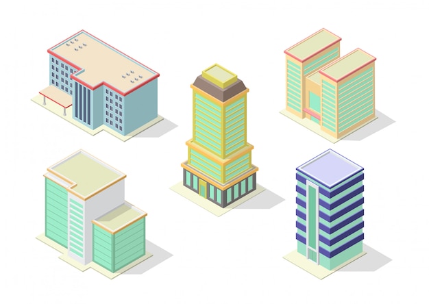 Isometric hotel, office, apartment, or skyscrapers buildings set