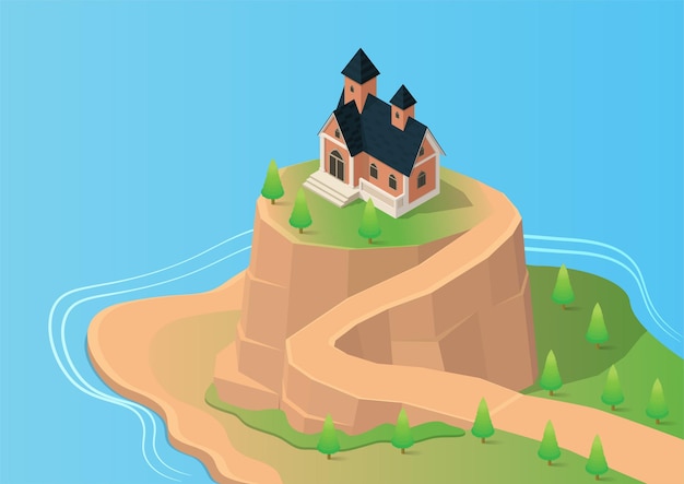 Isometric house on a hill on an island