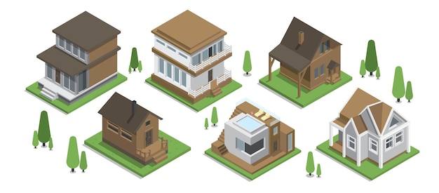 Isometric house vector illustration set 3d miniature architecture design buildings town and city p