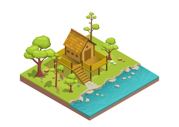 Vector isometric house with a beautiful river