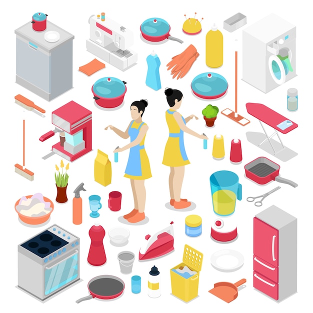 Isometric housework objects with housewife illustration