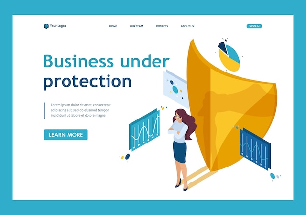 Isometric how to ensure full safety of your business lawyer girl Website Template Landing page