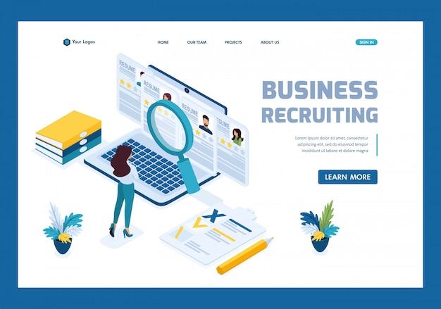 Isometric HR Manager, business recruiting manager reviews the resume options on the site Landing page