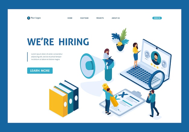 Isometric HR Manager we hire employees to our company recruiting concept Template Landing page