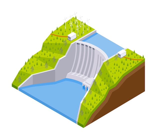 물과 강둑 벡터 일러스트레이션을 사용하여 체크 댐의 격리된 보기를 갖춘 아이소메트릭 수력 발전소 구성