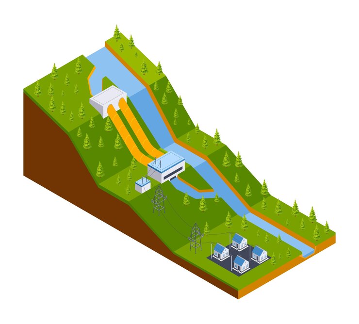 Vector isometric hydroelectric power station composition with isolated view of derivational unit and industrial buildings on banks vector illustration