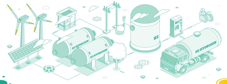 Vector isometric hydrogen energy h2 electrolysis plant station outline objects hydrogen factory