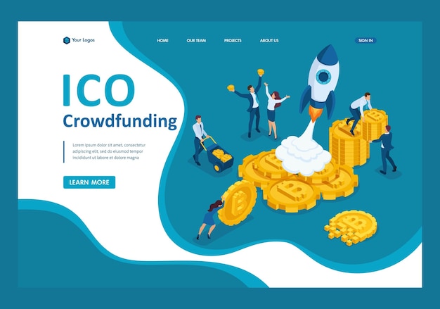 Isometric ICO crowdfunding in the cryptocurrency business have money to invest and start up the project Template landing page
