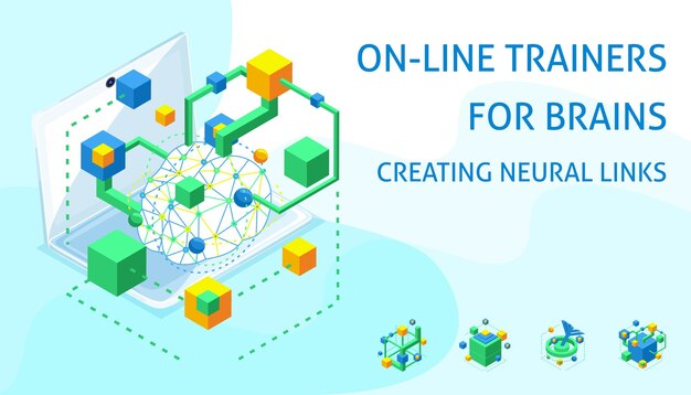 Isometric icon for achieving the goal in process of brain development development neural connection