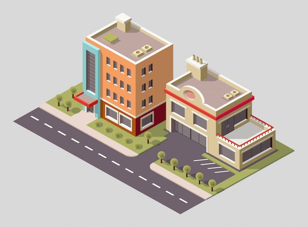 Isometric icon of factory building and industrial structures