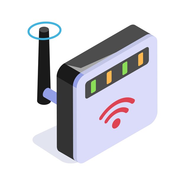 강력한 신호를 위해 두드러진 안테나를 가진 현대 Wi-Fi 라우터의 이소메트릭 아이콘