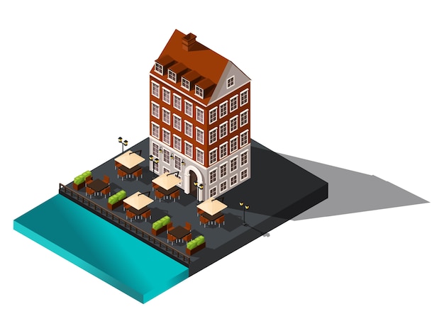 Isometric icon,  old house by the sea, hotel, restaurant, Denmark, Copenhagen, Paris, historical city center, old building for  illustrations