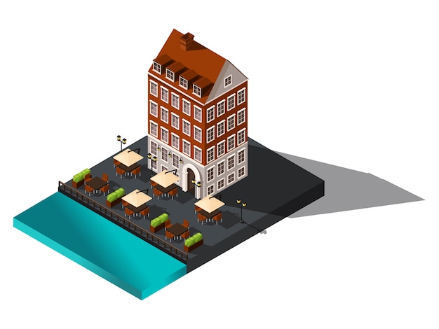 Isometric icon,  old house by the sea, hotel, restaurant, denmark, copenhagen, paris, historical city center, old building for  illustrations