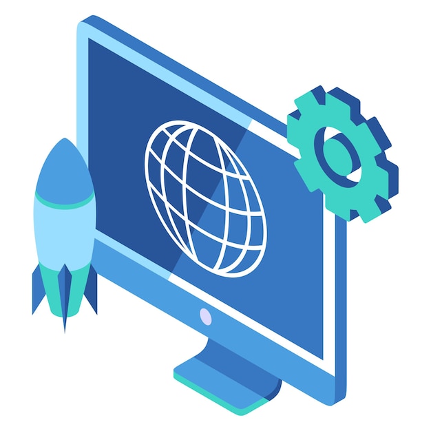 Isometric Icon Representing Rocket and Computer Monitor to Show Website Product Launching