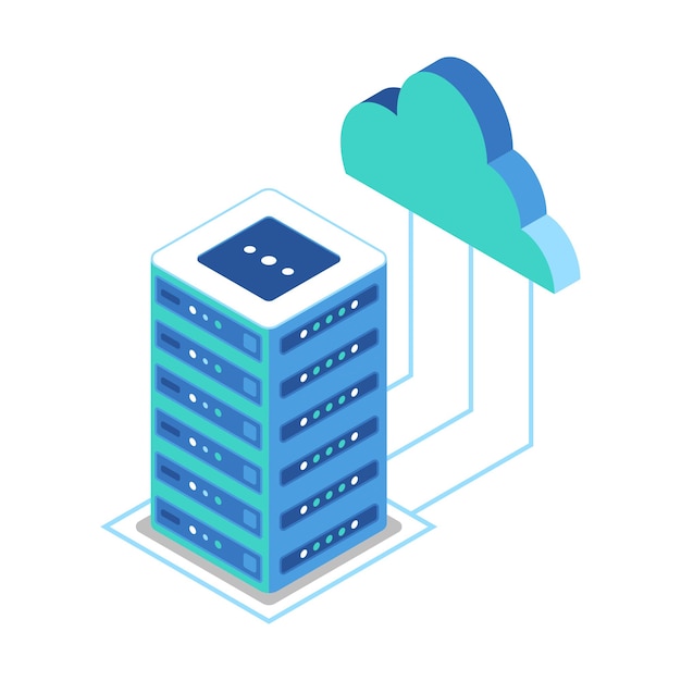 Isometric Icon Representing Servers and Clouds to Access Data