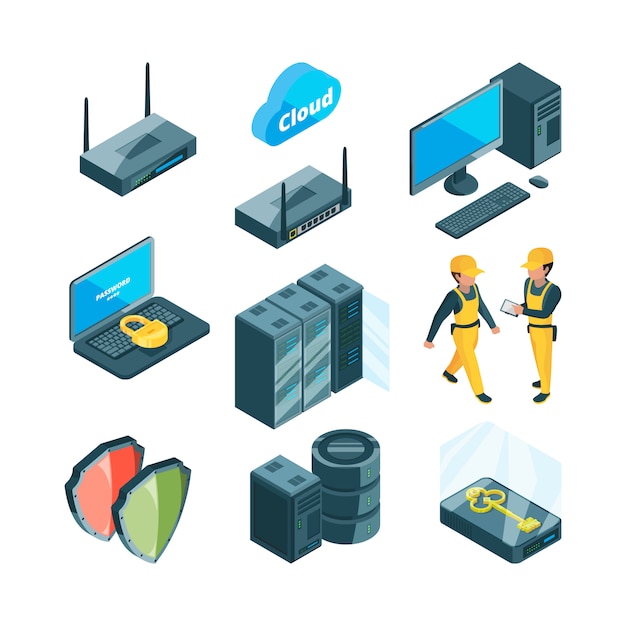 Isometric icon set of different electronic systems 