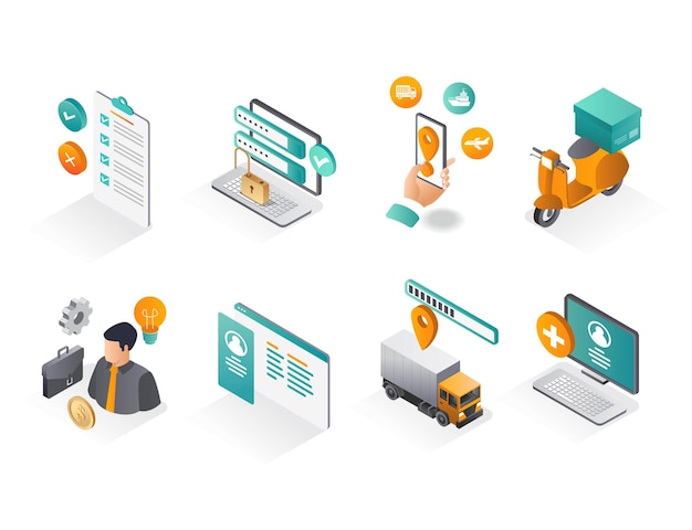 Isometric icon sets business and delivery