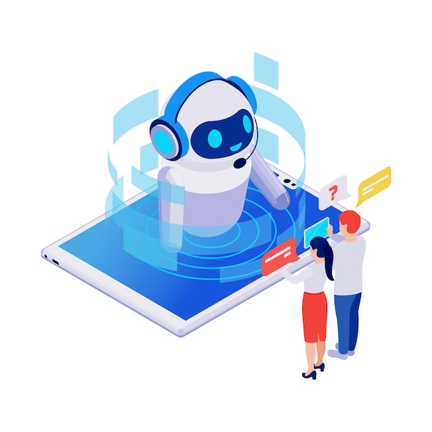 Isometric icon with smiling robotic chatbot on tablet talking to people 3d