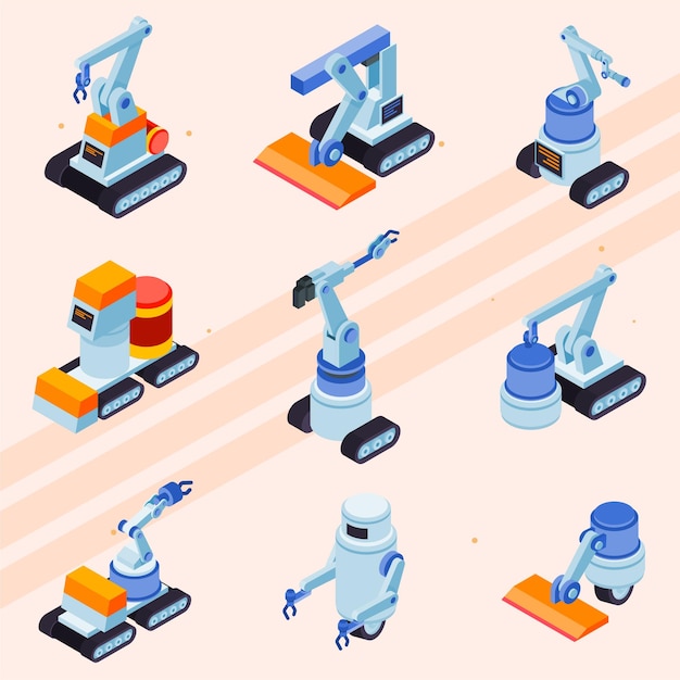 掃除ロボットと関連ツールのアイソメトリックアイコン