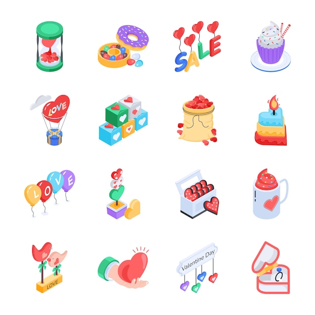 Isometric Icons Depicting Valentine Celebration