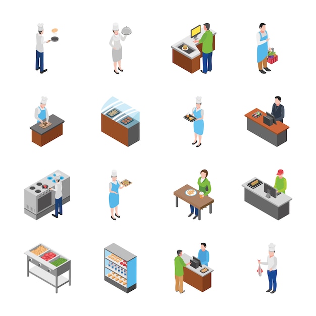 Isometric icons of food court and furniture pack