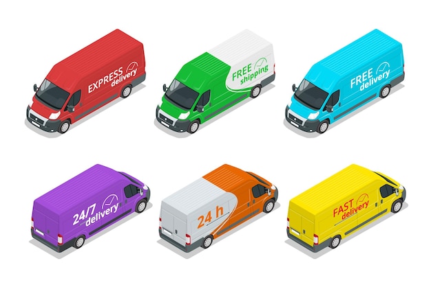 Изометрические иконки автомобилей доставки express free или fast delivery элементы дизайна грузовика