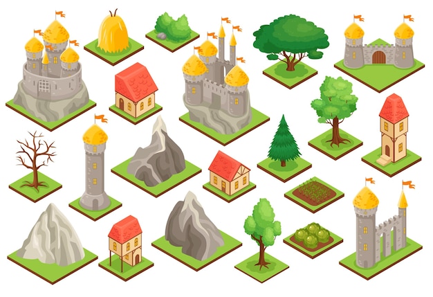 Set di icone isometriche del castello medievale torri porta città case alberi cespugli rocce isolate su sfondo bianco 3d illustrazione vettoriale