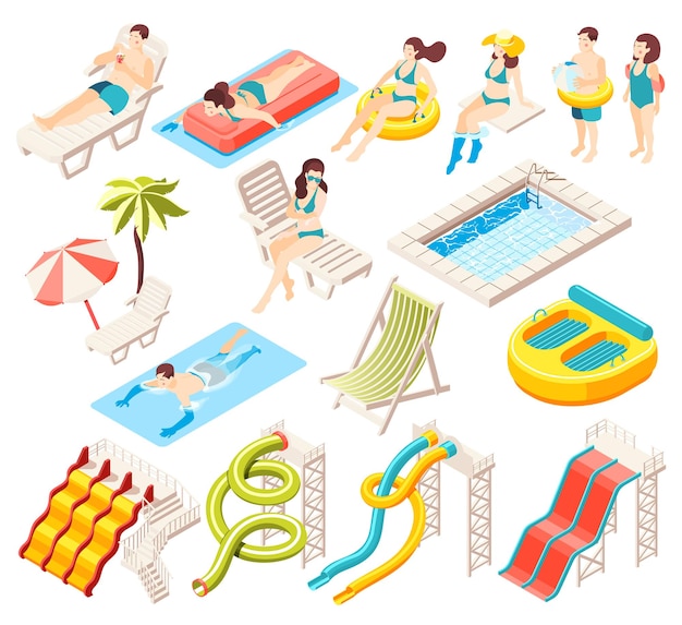 Изометрические иконки с аттракционами аквапарка и людьми, плавающими и отдыхающими на белом фоне 3d векторная иллюстрация