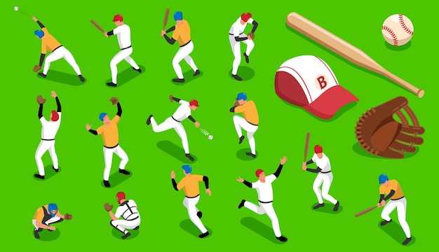 Vector isometric icons set with baseball teams and sports outfit isolated on green background 3d vector illustration