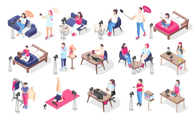 Vector isometric icons set with bloggers and vloggers taking videos in different situations isolated on white background 3d vector illustration