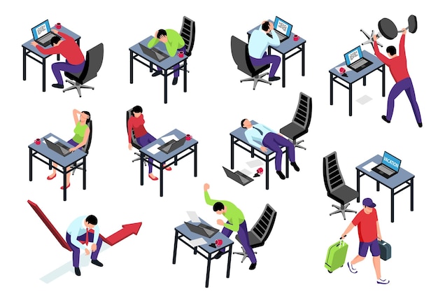 Isometric icons set with exhausted office workers suffering from professional burnout 3d isolated vector illustration