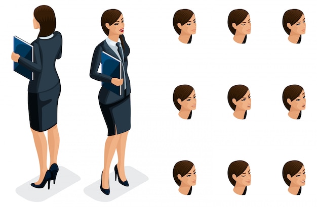 Isometric icons of woman's emotions,  body front view and rear view, face, eyes, lips, nose. Facial expression. Qualitative isometry of people for 