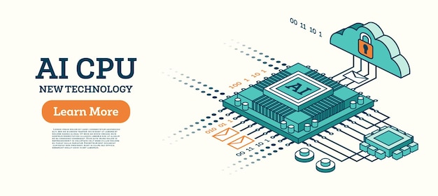 Isometric illustration of AI CPU technology with binary code cloud storage and secure data flow Concept of artificial intelligence innovation and digital processing