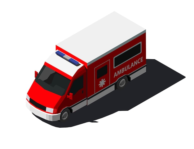 Vector isometric illustration of ambulance car in red color.