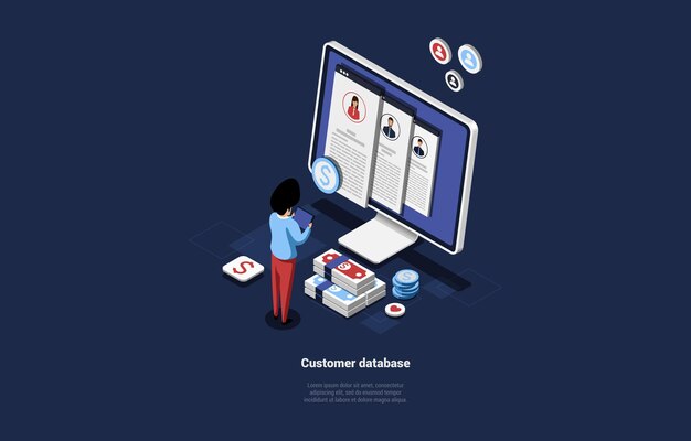 Illustrazione isometrica su blu scuro di customer database concept design