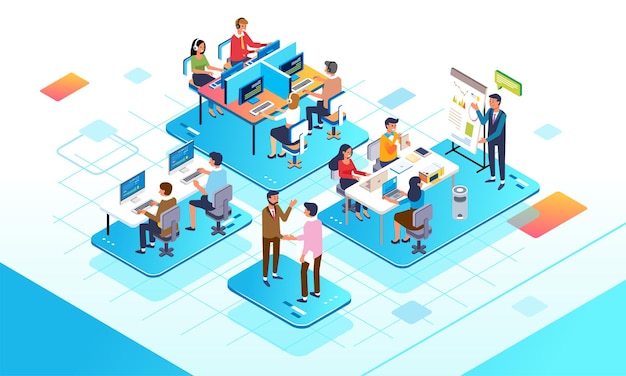 Isometric illustration of busy daily office that cover project meeting and costumer center