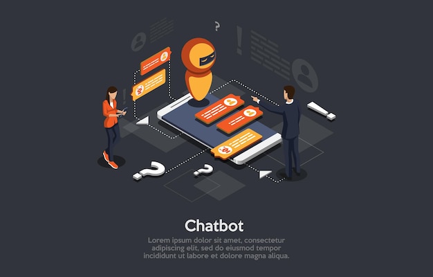 Isometric Illustration Cartoon 3D Style Design With Elements And People Modern. Chatbot Automated Answering Program