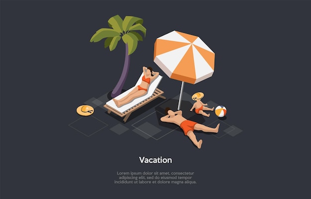 만화 3D 스타일의 아이소 메트릭 그림. 어두운 배경에 벡터 구성입니다. 휴가 개념. 해변이나 해변에서 여름 휴식입니다. 함께 시간을 보내는 수영복에 가족입니다. 종려나무, 우산, 안락 의자