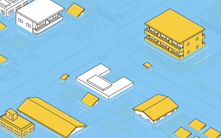 Vector isometric illustration of a city submerged by water due to tsunami and river flooding