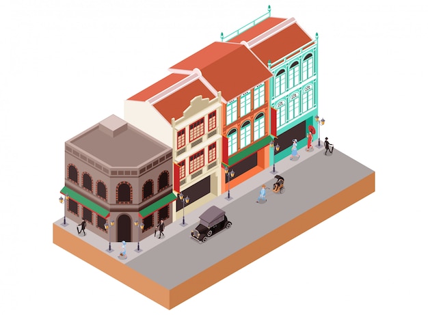 Isometric  illustration of classic colonial buildings in china town area including shops, stores, and cafe or bar